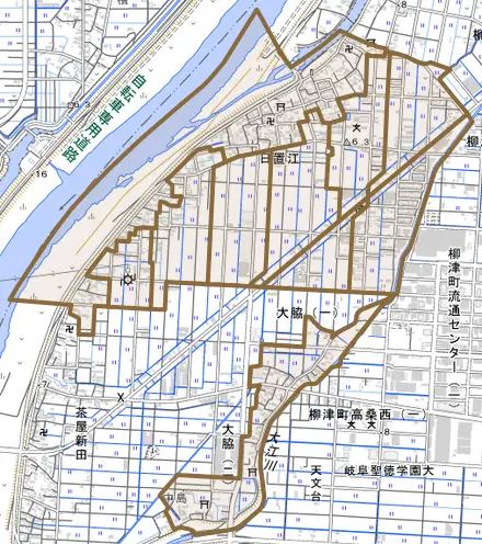 日置江とその周辺の地図。町の範囲を重ねている