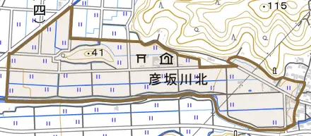彦坂川北とその周辺の地図。町の範囲を重ねている