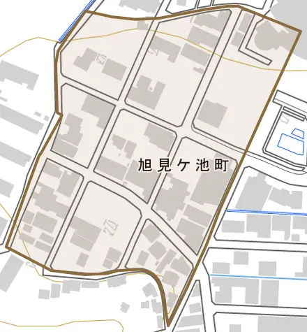 旭見ケ池町とその周辺の地図。町の範囲を重ねている