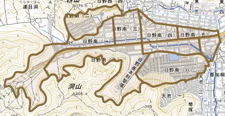 日野南とその周辺の地図。町の範囲を重ねている