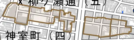 日ノ出町とその周辺の地図。町の範囲を重ねている