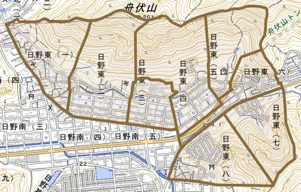 日野東とその周辺の地図。町の範囲を重ねている