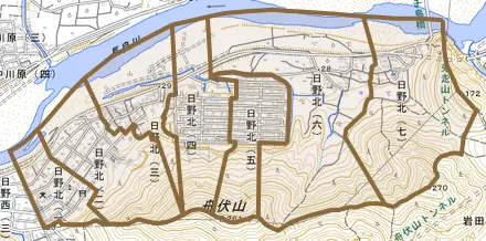 日野北とその周辺の地図。町の範囲を重ねている