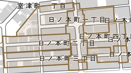 日ノ本町とその周辺の地図。町の範囲を重ねている