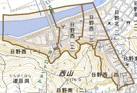 日野西とその周辺の地図。町の範囲を重ねている