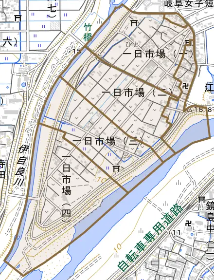 一日市場とその周辺の地図。町の範囲を重ねている