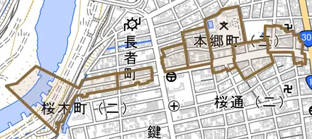 本郷町とその周辺の地図。町の範囲を重ねている