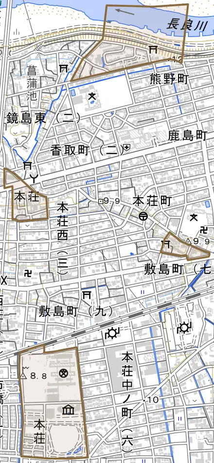 本荘とその周辺の地図。町の範囲を重ねている
