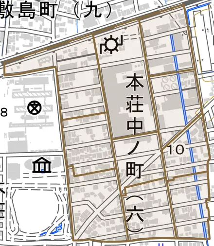 本荘中ノ町とその周辺の地図。町の範囲を重ねている