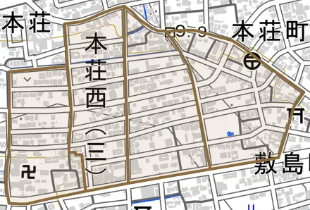 本荘西とその周辺の地図。町の範囲を重ねている