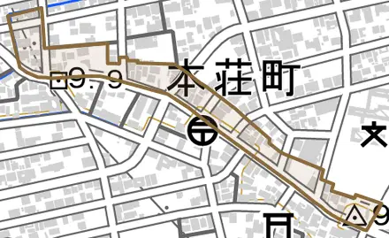 本荘町とその周辺の地図。町の範囲を重ねている