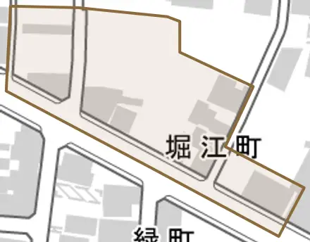 堀江町とその周辺の地図。町の範囲を重ねている