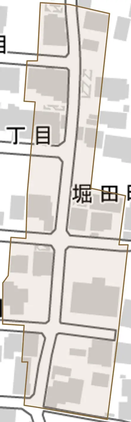 堀田町とその周辺の地図。町の範囲を重ねている