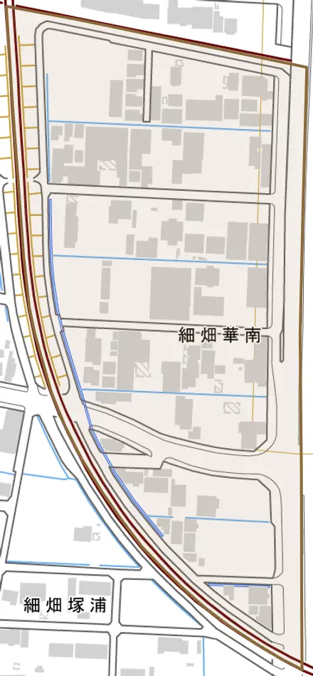 細畑華南とその周辺の地図。町の範囲を重ねている