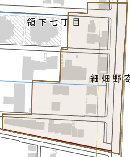 細畑野寄とその周辺の地図。町の範囲を重ねている