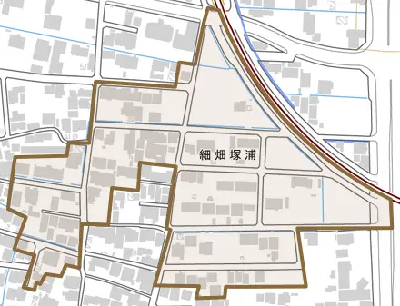 細畑塚浦とその周辺の地図。町の範囲を重ねている