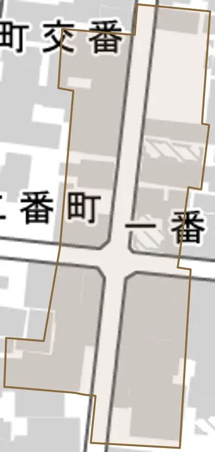 一番町とその周辺の地図。町の範囲を重ねている