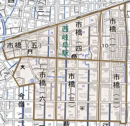 市橋とその周辺の地図。町の範囲を重ねている