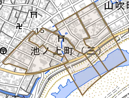 池ノ上町とその周辺の地図。町の範囲を重ねている