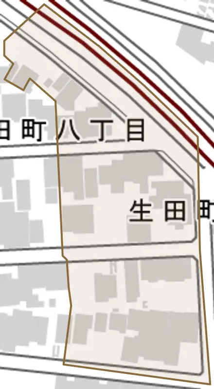 生田町とその周辺の地図。町の範囲を重ねている