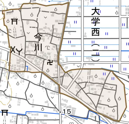 今川とその周辺の地図。町の範囲を重ねている