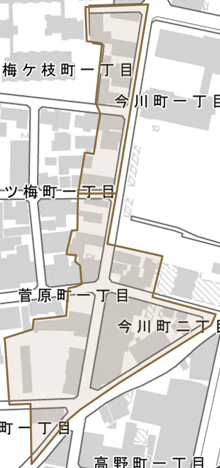 今川町とその周辺の地図。町の範囲を重ねている