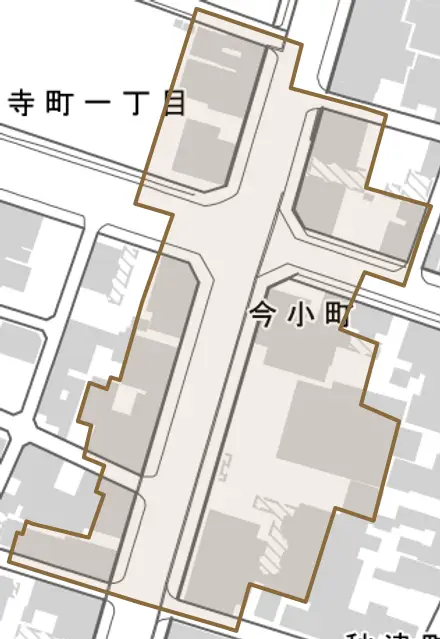 今小町とその周辺の地図。町の範囲を重ねている