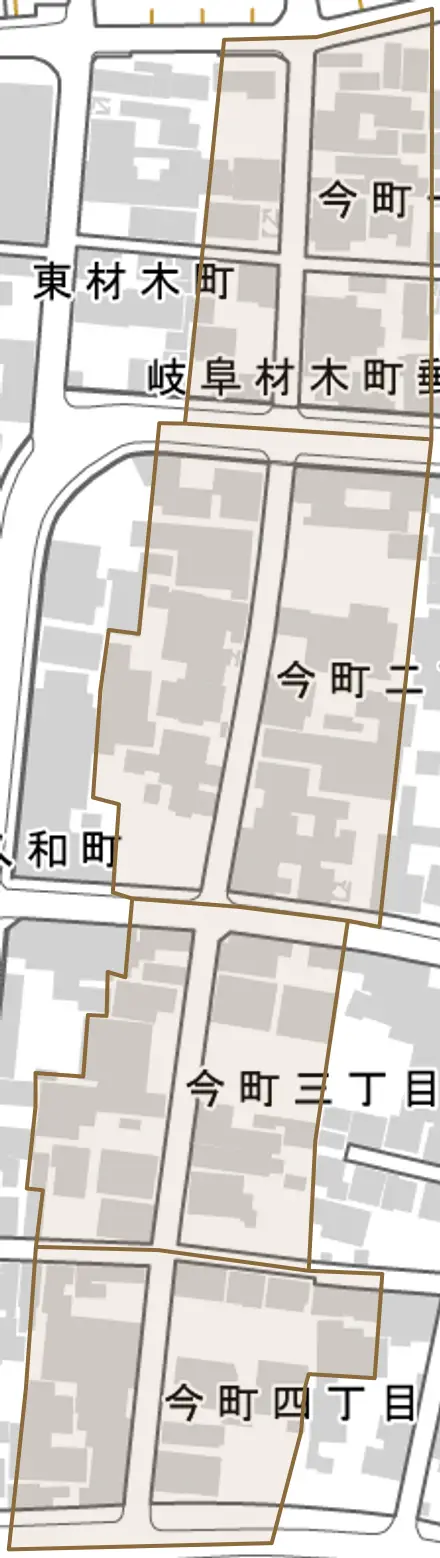 今町とその周辺の地図。町の範囲を重ねている