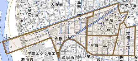 今嶺とその周辺の地図。町の範囲を重ねている