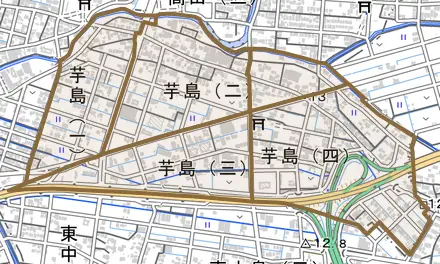 芋島とその周辺の地図。町の範囲を重ねている