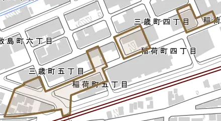 稲荷町とその周辺の地図。町の範囲を重ねている