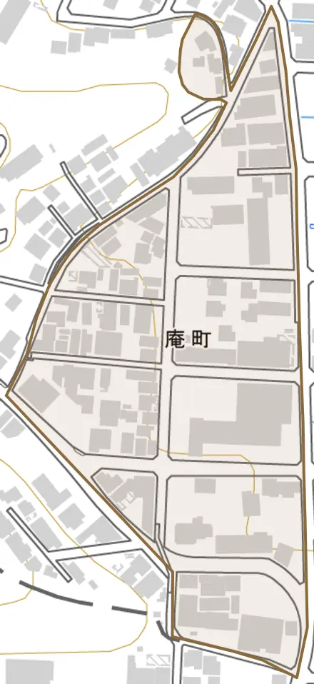 庵町とその周辺の地図。町の範囲を重ねている