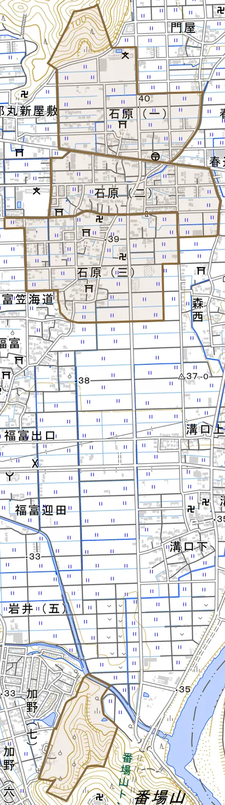 石原とその周辺の地図。町の範囲を重ねている