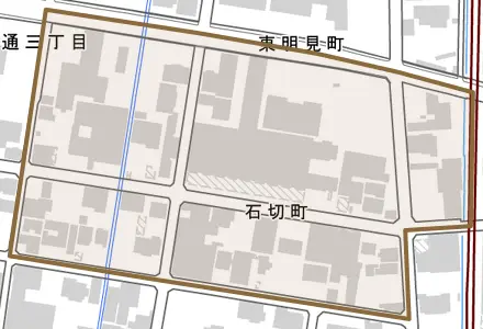 石切町とその周辺の地図。町の範囲を重ねている