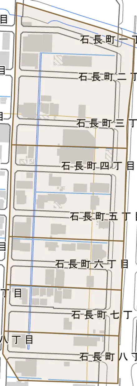 石長町とその周辺の地図。町の範囲を重ねている
