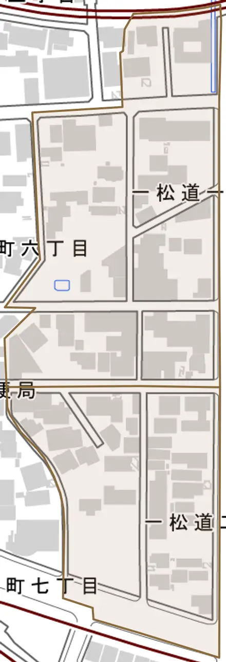 一松道とその周辺の地図。町の範囲を重ねている