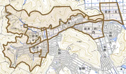 岩井とその周辺の地図。町の範囲を重ねている