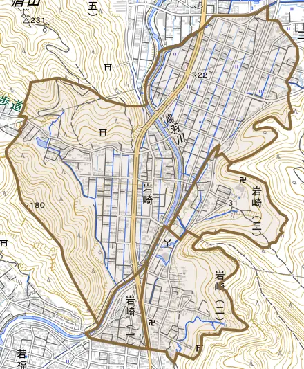 岩崎とその周辺の地図。町の範囲を重ねている