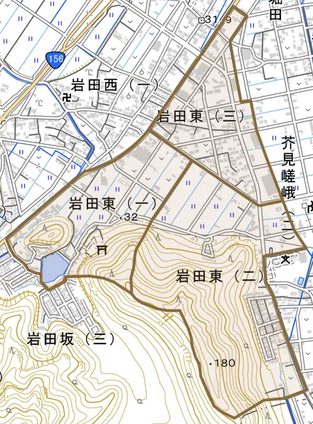 岩田東とその周辺の地図。町の範囲を重ねている