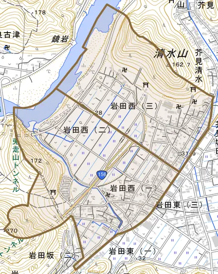 岩田西とその周辺の地図。町の範囲を重ねている