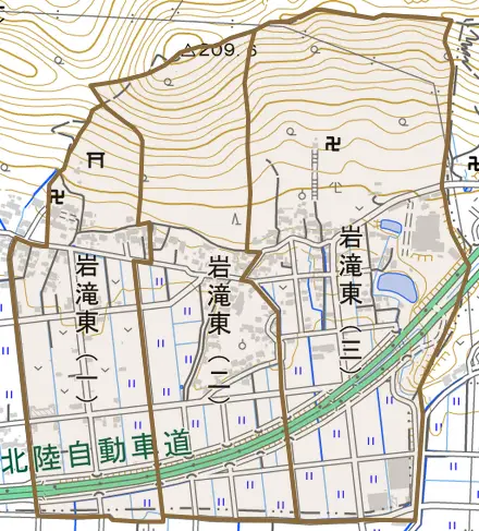 岩滝東とその周辺の地図。町の範囲を重ねている
