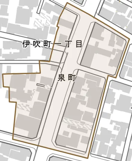 泉町とその周辺の地図。町の範囲を重ねている