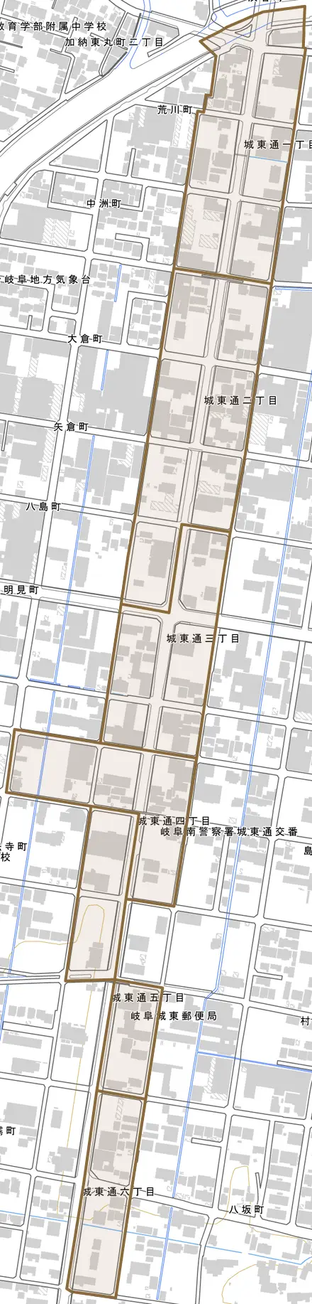 城東通とその周辺の地図。町の範囲を重ねている