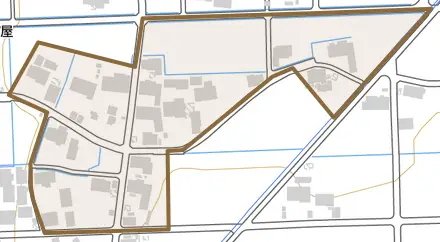 門屋とその周辺の地図。町の範囲を重ねている