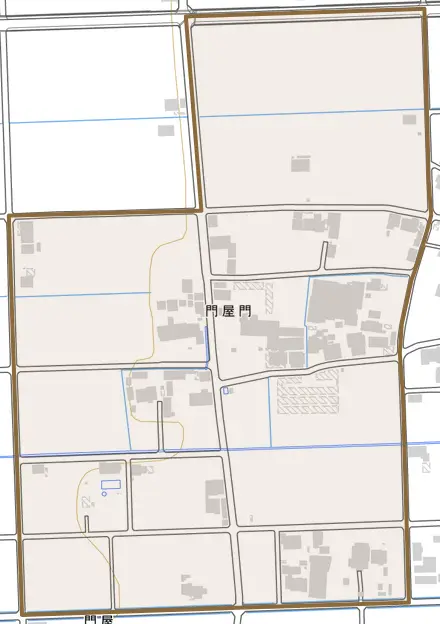 門屋門とその周辺の地図。町の範囲を重ねている