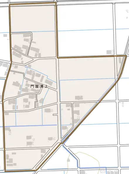 門屋溝上とその周辺の地図。町の範囲を重ねている