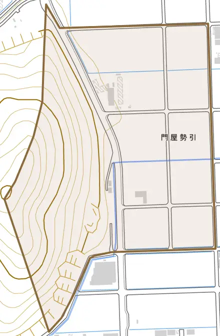 門屋勢引とその周辺の地図。町の範囲を重ねている