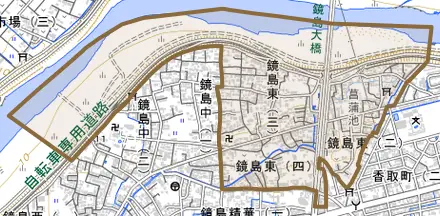 鏡島とその周辺の地図。町の範囲を重ねている
