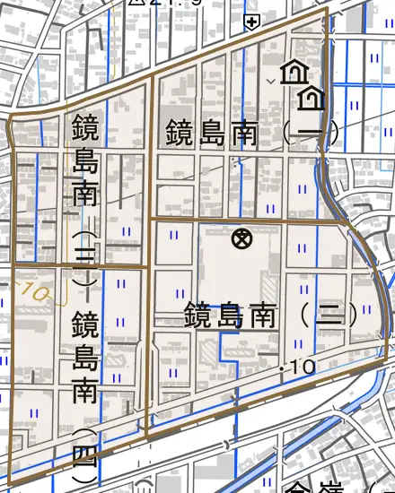 鏡島南とその周辺の地図。町の範囲を重ねている