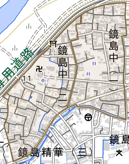 鏡島中とその周辺の地図。町の範囲を重ねている